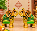 Royal Handmade Multi Color Terracotta Elephant Pair Showpiece | Traditional Indian Elephant Statue | Green & Yellow Luxury Home Décor