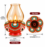 Royal Terracotta Stone Work Chimni Lamp | Handcrafted Traditional Earthen Oil Lamp with Glass Chimney | Decorative Diya for Pooja & Home Décor[5.5inch=H*L=5.5*3.5]