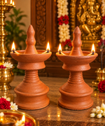 Royal Terracotta Kuthu Vilakku Pair | Traditional Handmade Clay Oil Lamps | Elegant Pooja & Home Décor[8INCH=H*L=8*4]