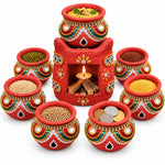 Royal Navadhaniyam Stone Work Pot Set 7Pots | Traditional Handmade Terracotta Art Work Pots | Festive Home Décor[3inch=H*L=3*2]