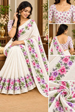 Elegant Cream Floral Print Saree with Pink, Purple & Green Flowers and Matching Blouse – Agilan Sarees