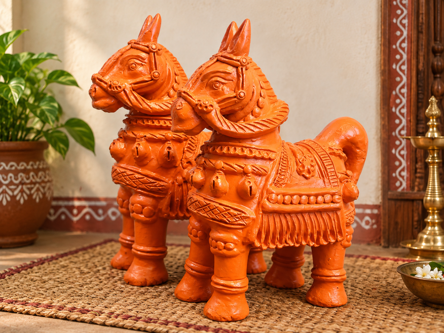 Royal Handmade Terracotta Horse Pair Showpiece | Traditional Indian Horse Statue | Premium Ethnic Home Décor(4inch=H*L=4*4)
