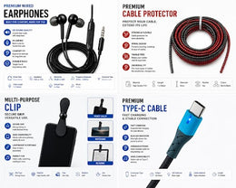 4 in 1 Mobile Accessories Combo Pack | Fast Charging Cable, Braided Cable, Type-C Mini Fan & Wired Earphones