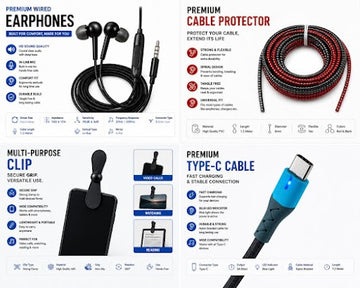 4 in 1 Mobile Accessories Combo Pack | Fast Charging Cable, Braided Cable, Type-C Mini Fan & Wired Earphones