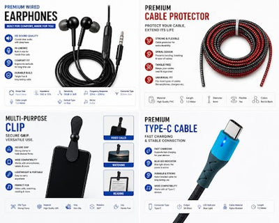 4 in 1 Mobile Accessories Combo Pack | Fast Charging Cable, Braided Cable, Type-C Mini Fan & Wired Earphones