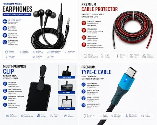 4 in 1 Mobile Accessories Combo Pack | Fast Charging Cable, Braided Cable, Type-C Mini Fan & Wired Earphones
