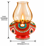 Royal Terracotta Stone Work Chimni Lamp | Handcrafted Traditional Earthen Oil Lamp with Glass Chimney | Decorative Diya for Pooja & Home Décor[5.5inch=H*L=5.5*3.5]