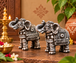 Royal Stone Color Terracotta Elephant Pair Showpiece | Traditional Indian Handmade Elephant Statue | Luxury Home Décor 10 inch