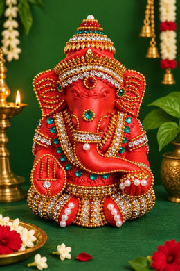 Royal Stone Work Vinayagar Statue | Divine Handmade Ganesha Idol with Traditional Stone Embellishment | Premium Pooja Décor[5inch=H*L=5*4]