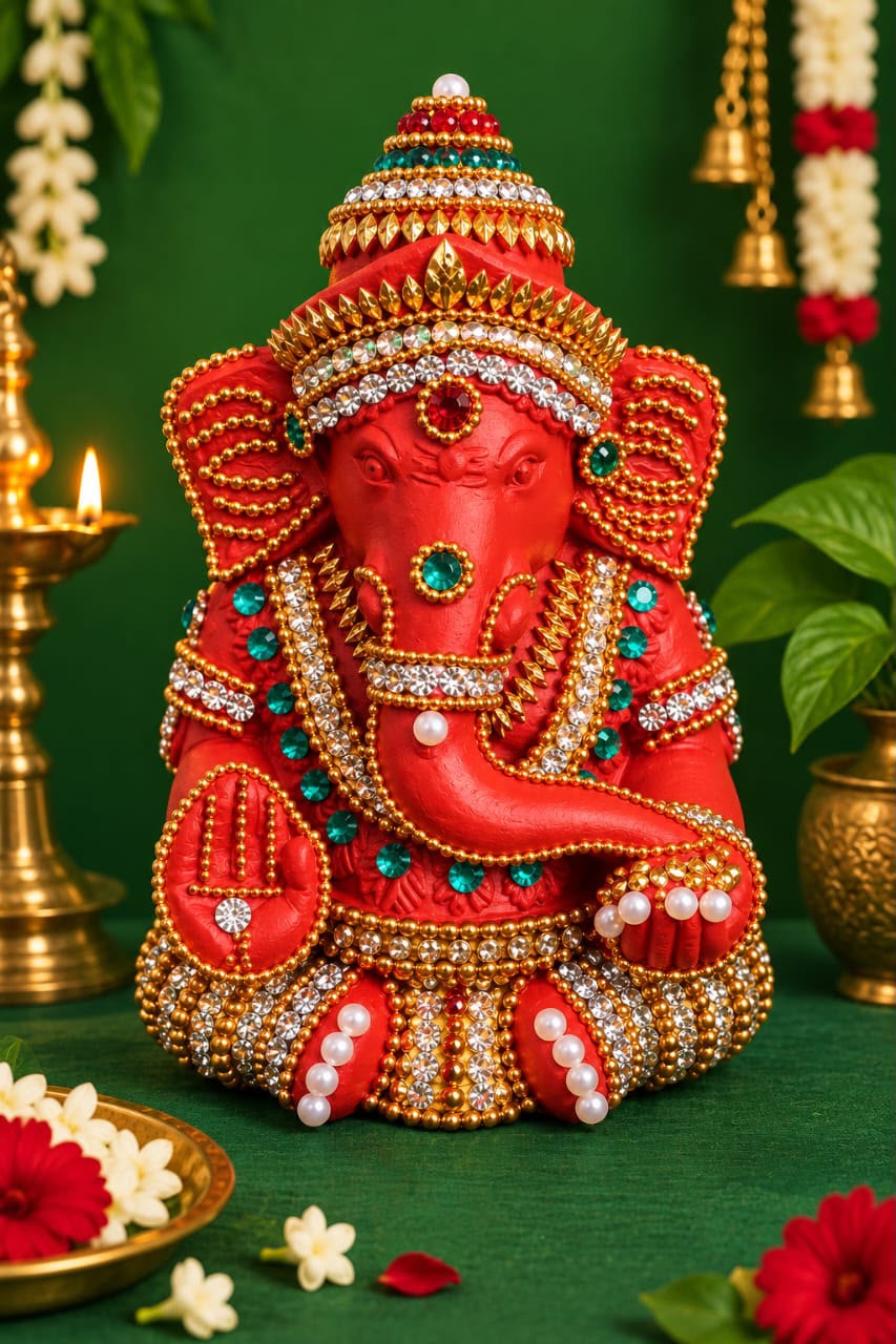 Royal Stone Work Vinayagar Statue | Divine Handmade Ganesha Idol with Traditional Stone Embellishment | Premium Pooja Décor[5inch=H*L=5*4]