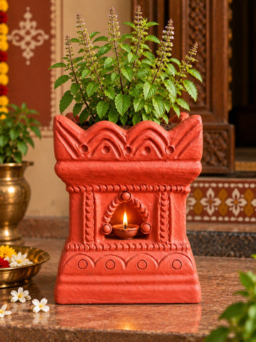 Royal Traditional Terracotta Thulasi Pot | Handmade Decorative Tulasi Maadam Planter for Home & Pooja Room