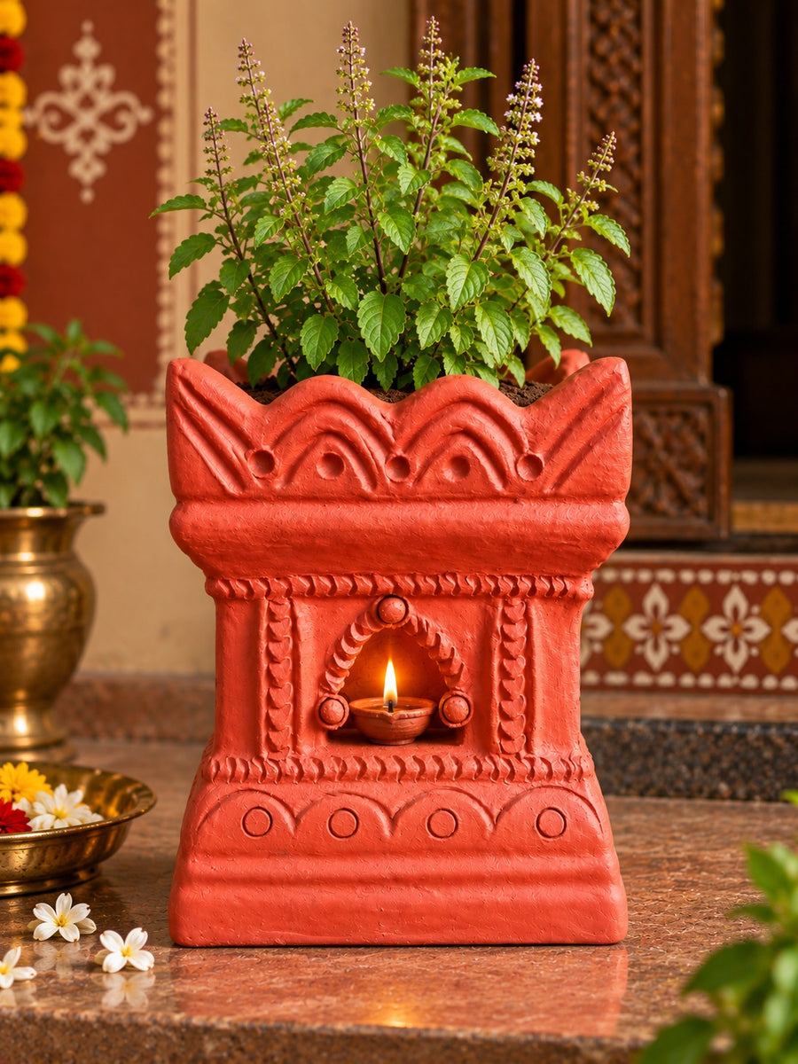 Royal Traditional Terracotta Thulasi Pot | Handmade Decorative Tulasi Maadam Planter for Home & Pooja Room