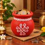 Royal Terracotta Art Work Navadhaniyam Pot | Traditional Handmade Clay Coin Saving Pot | Decorative Wealth & Prosperity Pot[3inch=H*L=3*2]