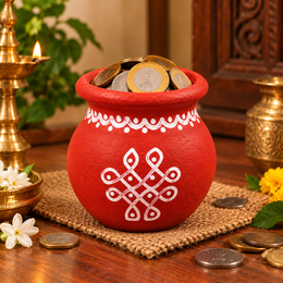 Royal Terracotta Art Work Navadhaniyam Pot | Traditional Handmade Clay Coin Saving Pot | Decorative Wealth & Prosperity Pot[3inch=H*L=3*2]