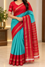 Women's Turquoise Blue and Red Saree with Gold Zari Border and Matching Striped Blouse Agilan sarees