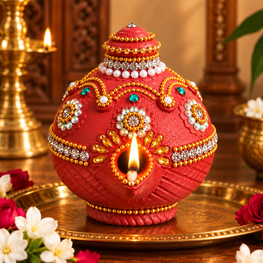 Royal Terracotta Stone Work Magic Vilakku | Traditional Handmade Magic Lamp | Decorative Pooja Diya[4inch=H*L=4*4]