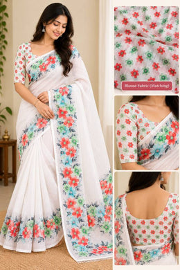 Women’s White Floral Printed Lightweight Saree with Multicolor Border           Convert to PDF