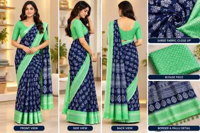 Women's Navy Blue and Mint Green Floral Printed Saree with Matching Blouse