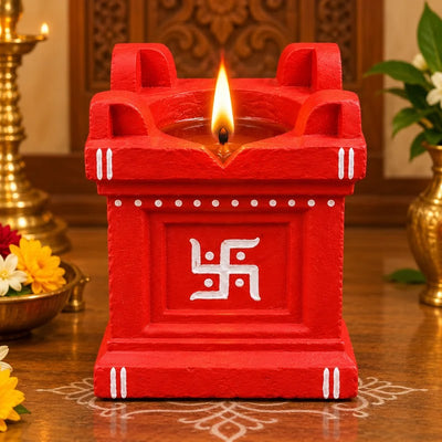Royal Traditional Terracotta Thulasi Maada Vilakku with Swastik Design | Handmade Pooja Oil Lamp for Home & Temple
