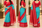 Women's Turquoise Blue and Red Saree with Gold Zari Border and Matching Striped Blouse Agilan sarees