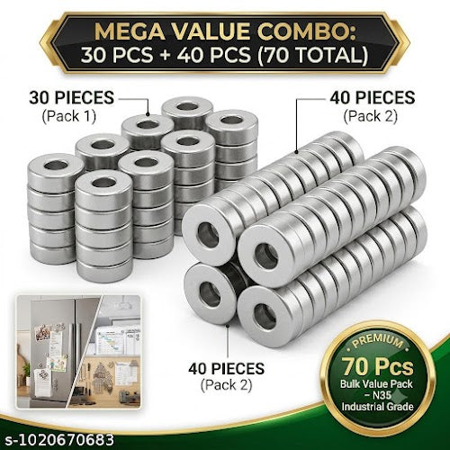 Pro Organizer Mega Combo Pack – 70 Pcs Heavy Duty Neodymium Ring Magnets
