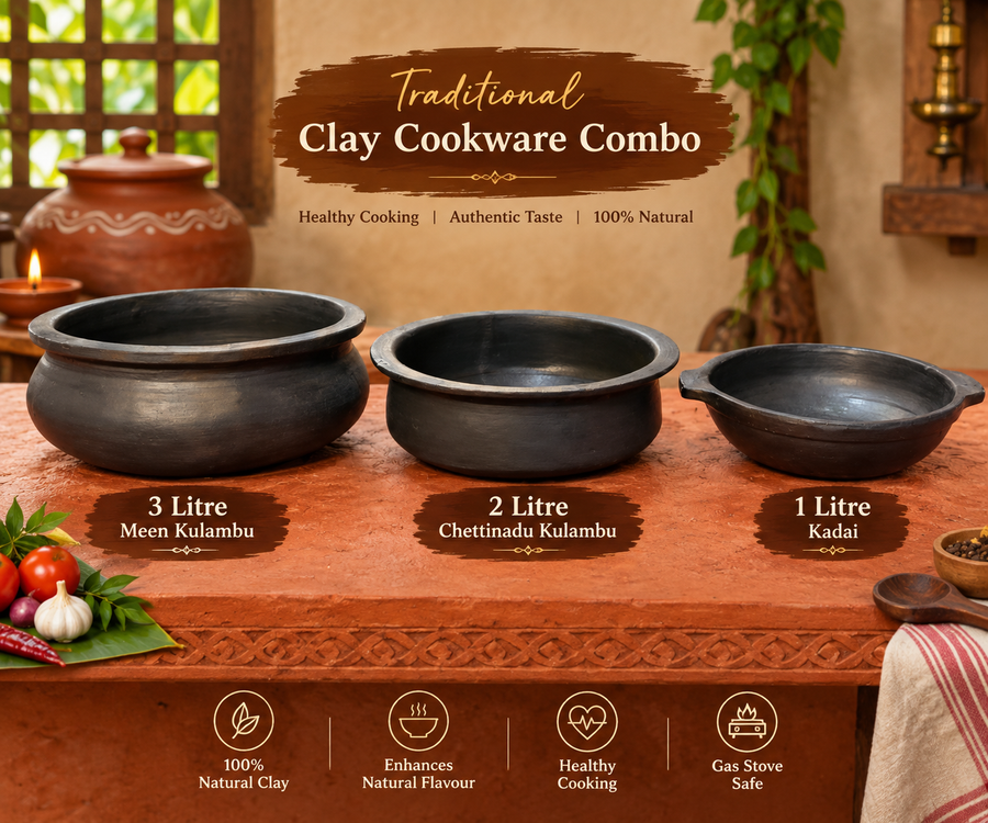 Royal Black Clay Meen Kulambu Chatti 3litre, Chettinadu Kulambu Chatti 2litre & Kadai 1litre Combo | Handmade Traditional Earthen Clay Cookware Set