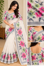 Women’s White Floral Printed Lightweight Saree with Multicolor Border           Convert to PDF