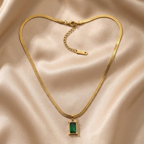 18K Gold-Plated Emerald Rectangle Pendant Herringbone Necklace