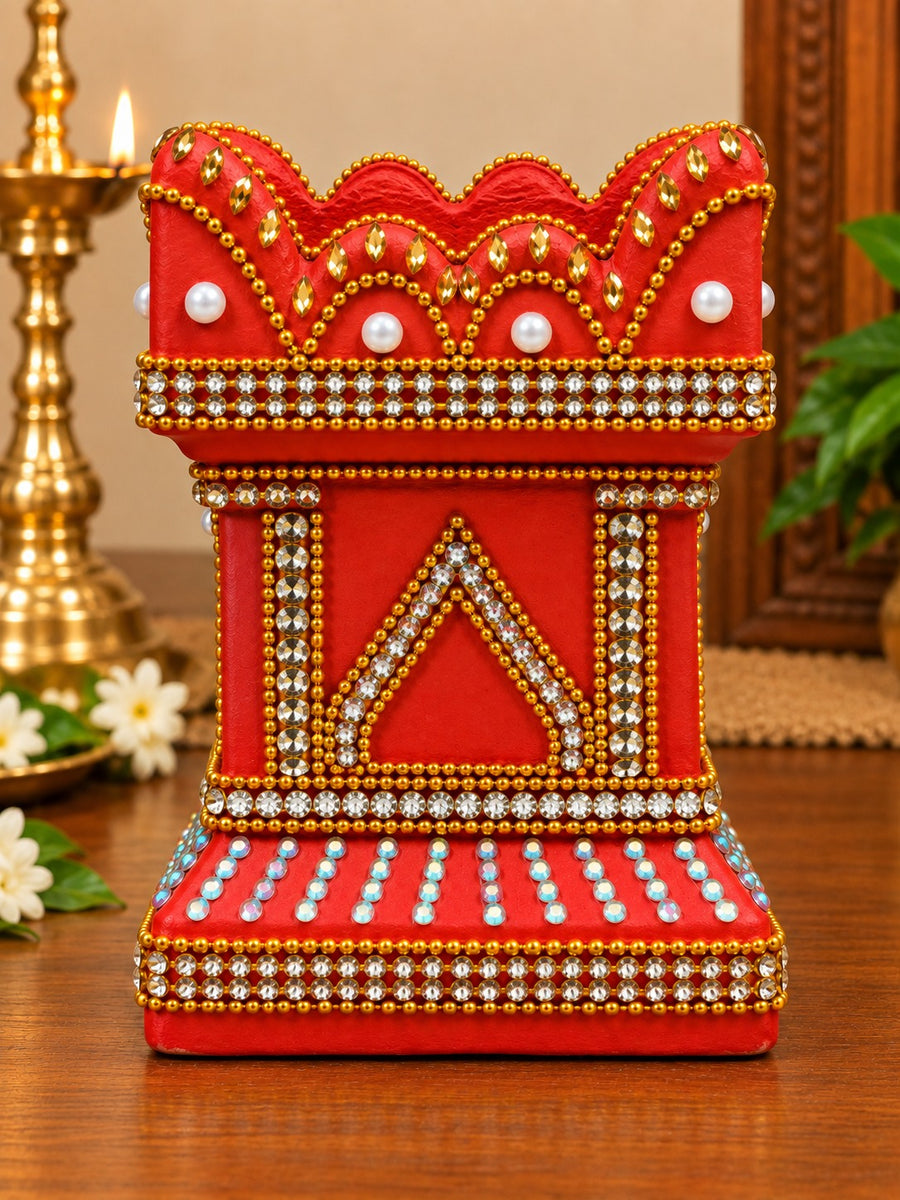 Royal Stone Work Thulasi Pot Showpiece | Traditional Handmade Terracotta Thulasi Maadam | Decorative Pooja Home Décor