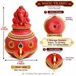 Royal Terracotta Stone Work Magic Vilakku | Traditional Handmade Ganesha Oil Lamp | Decorative Pooja Diya[5INCH=H*L=5*4]