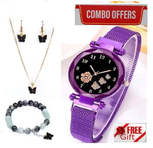 1. Women’s Butterfly Design Analog Purple Watch with Bracelet, Necklace & Earrings-Combo Gift Set