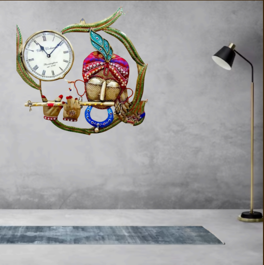 Lord Krishna Wall Clock with Flute – Spiritual Metal Wall Decor Clock for Home & Pooja Room