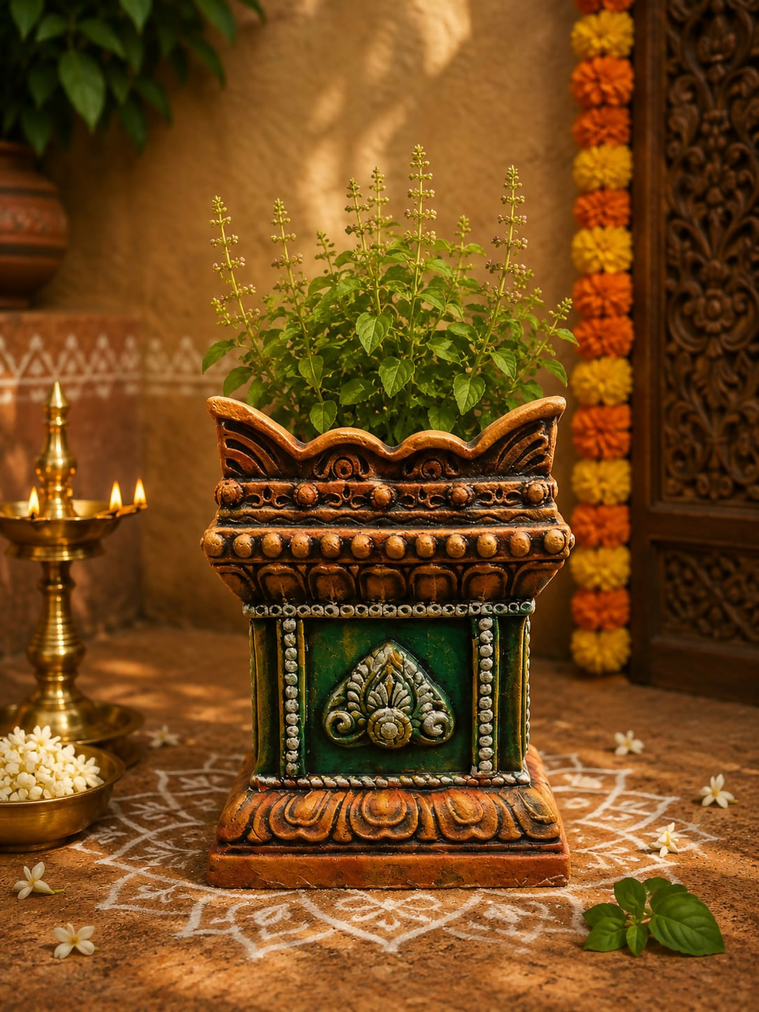 Terracotta Gardening Brindavan Tulasi pot With Drainage Hole at Bottom 14 inch ( Multi color )