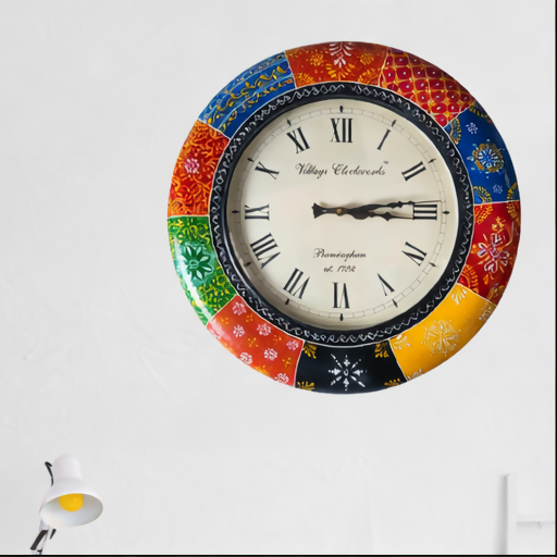 Handcrafted Multicolor Vintage Wall Clock with Roman Numerals – Artistic Round Decorative Clock for Living Room, Bedroom & Office – Unique Colorful Home Décor Accent