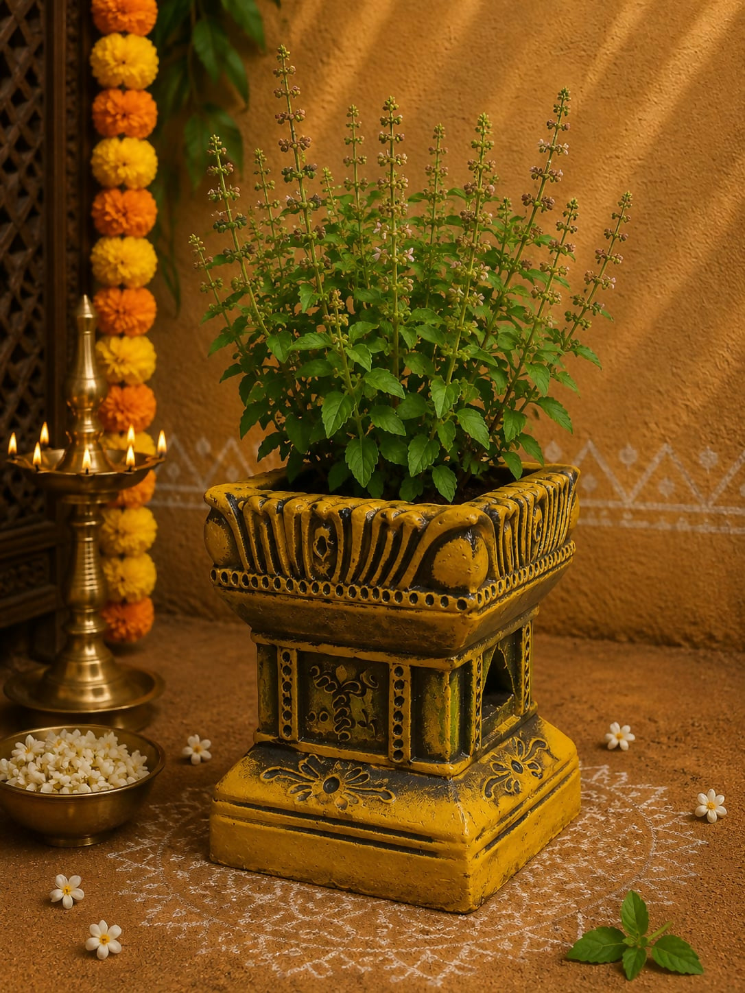 Terracotta Gardening Brindavan Tulasi pot With Drainage Hole at Bottom 8 inch ( Multi color )