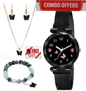 1. Women’s Butterfly Design Analog Watch with Bracelet, Necklace & Earrings-Combo Gift Set