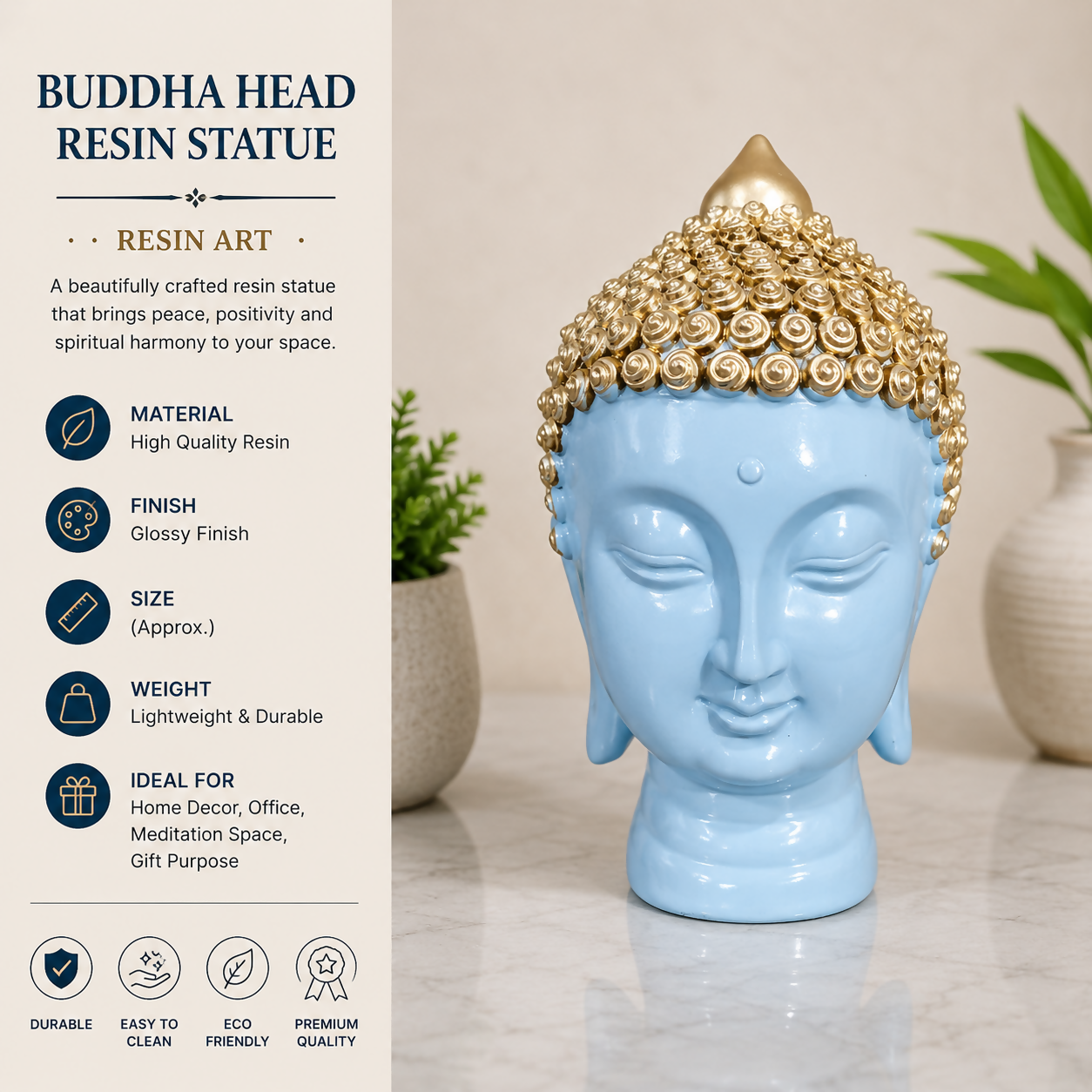 Elegant Blue Buddha Head Resin Sculpture | Gold Finish Spiritual Decor