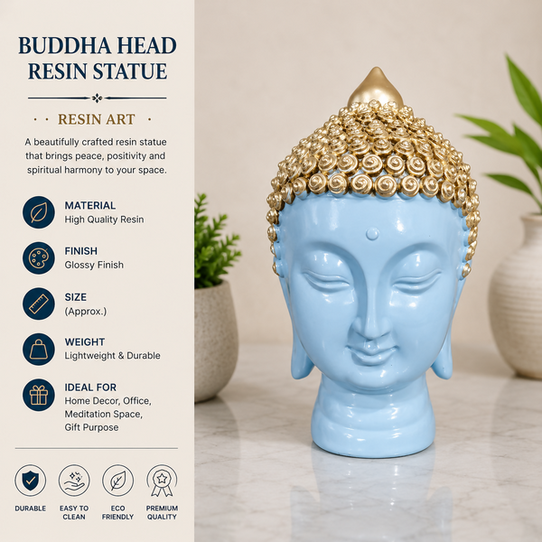 Elegant Blue Buddha Head Resin Sculpture | Gold Finish Spiritual Decor