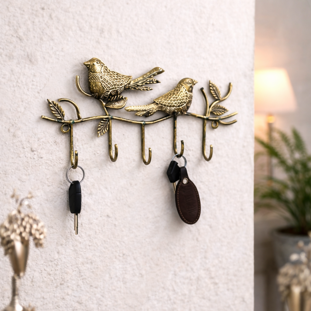 Handcrafted Metal Birds Wall Key Holder with Hooks | Decorative Key Hanger for Home Entrance & Wall Decor
