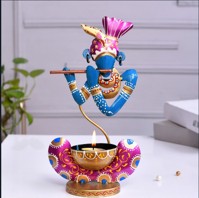 Lord Krishna Diya Stand with Flute Design | Decorative Tealight Holder for Home