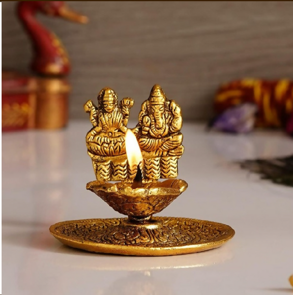 Brass Lakshmi Ganesha Diya Oil Lamp Traditional Pooja Deepam for Home Temple Decor Diwali Gift Item