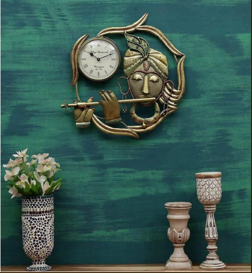 Lord Krishna Wall Clock with Flute – Spiritual Metal Wall Decor Clock for Home & Pooja Room