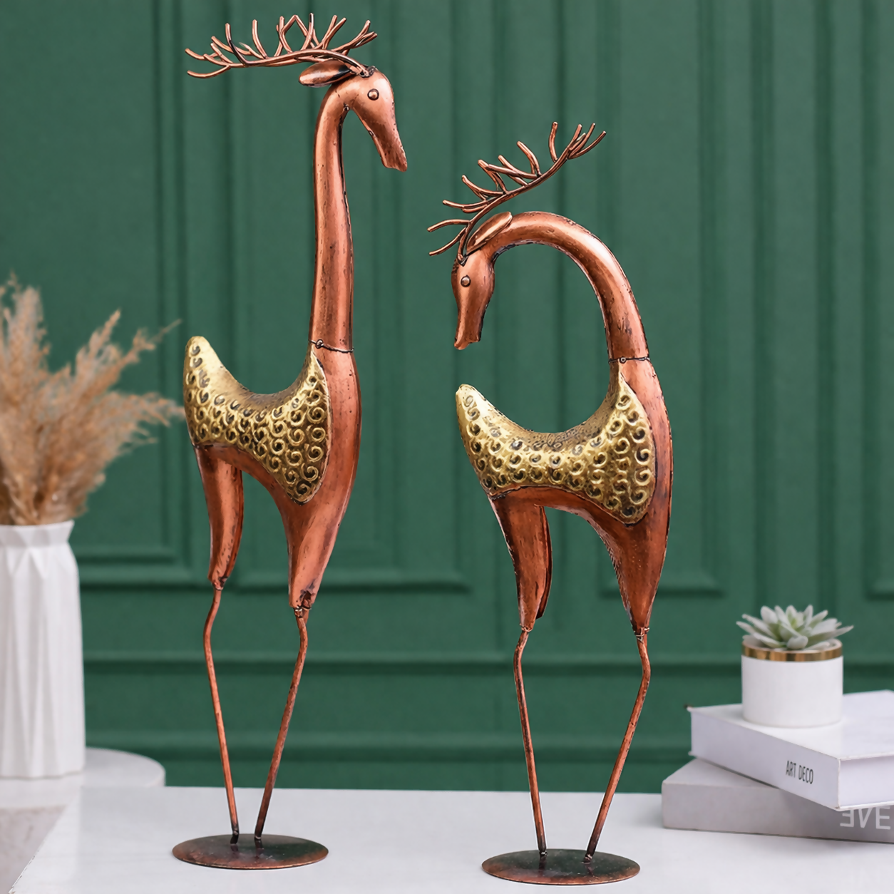 Handcrafted Metal Deer Showpiece Set (Set of 2) | Elegant Long-Leg Decorative Figurines for Home & Office Decor | Premium Gift Item