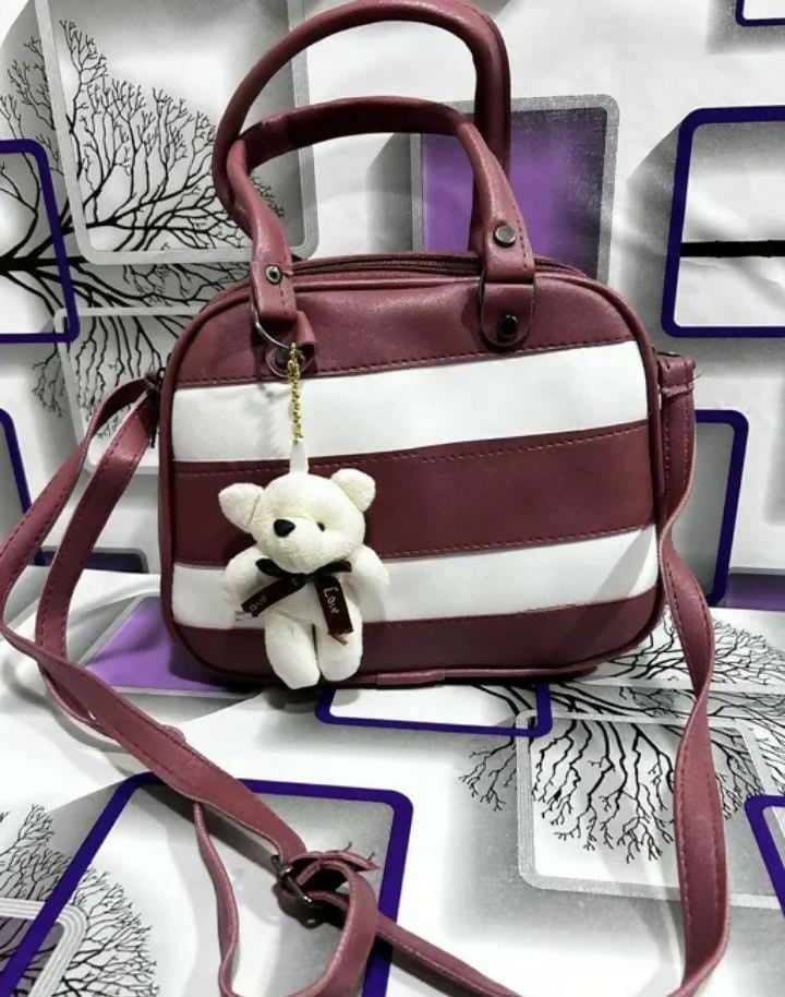 Stylish Black & White Striped Handbag with Cute Teddy Charm