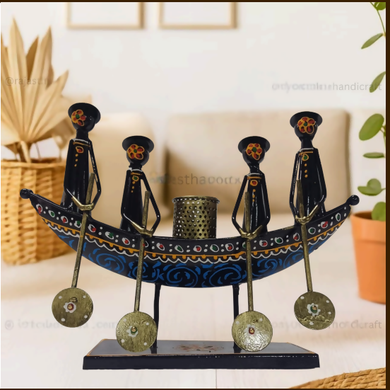 Ethnic Tribal Boat Design Pen Stand with Figurines – Handcrafted Desk Organizer | Unique Home & Office Decor Gift