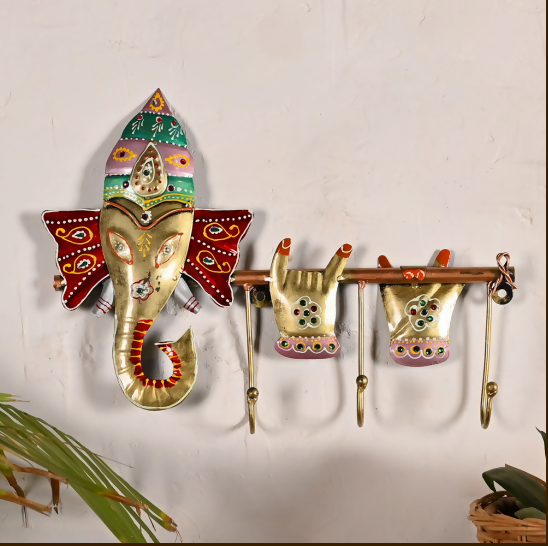 Handcrafted Ganesha Wall Key Holder with Hooks | Decorative Spiritual Key Hanger for Home Entrance