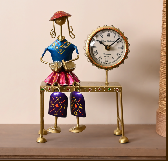 Handcrafted Metal Lady Musician Table Clock – Colorful Ethnic Decorative Desk Clock for Home & Office