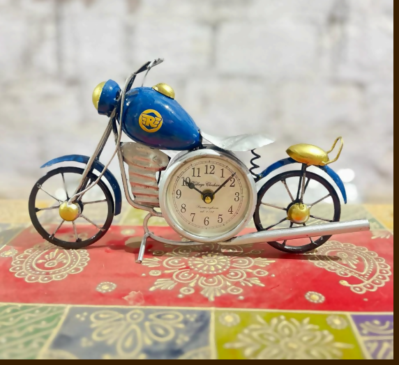 Vintage Blue Motorcycle Table Clock – Handcrafted Metal Bike Design Decorative Desk Clock