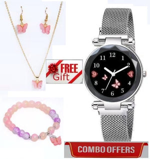 1. Women’s Butterfly Design Analog Watch with Bracelet, Necklace & Earrings