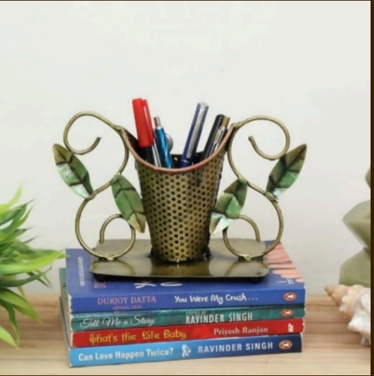 Vintage Metal Pen Holder with Decorative Leaves | Office Desk Organizer & Book Holder Stand
